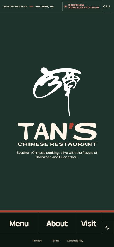 Tan’s Chinese Restaurant website on a mobile screen